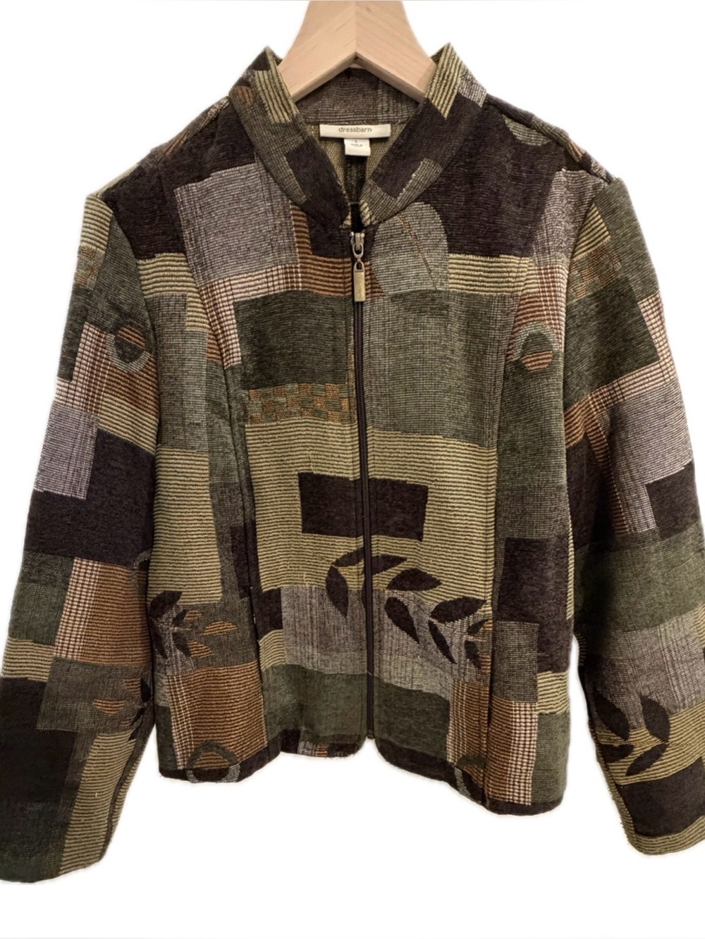 dressbarn (L) Patchwork Tapestry Full Zip Bomber Jacket with Pockets